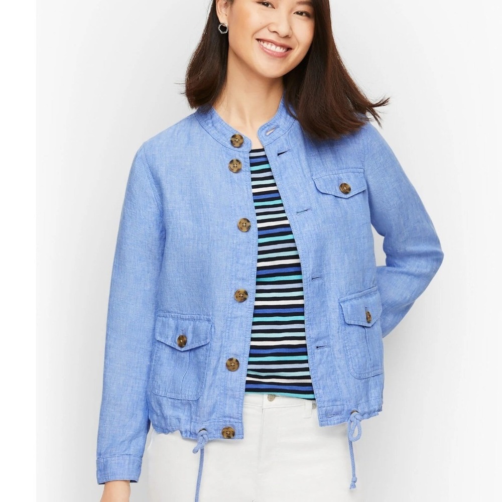 Talbots Washed Blue 100% Linen Utility Jacket Band Collar Drawstring Hem Size L
